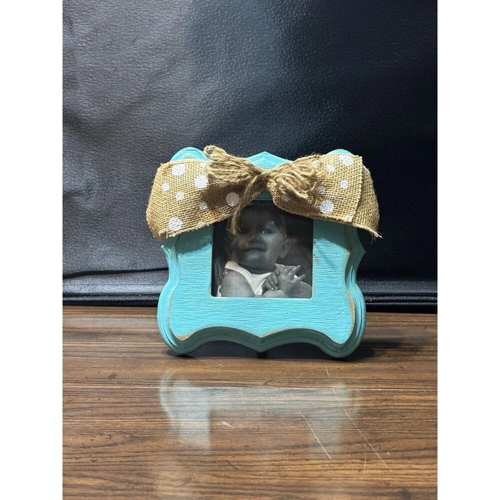 Rustic Distressed Wood Photo Frame Polkadot Burlap Bow, 3.5 X 3.5 Pic Opening